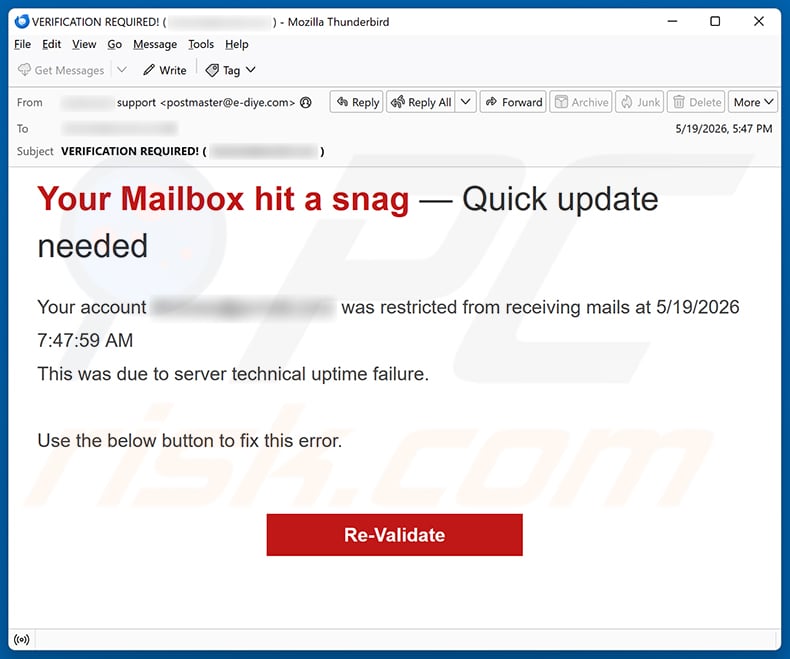 Your Mailbox Hit A Snag - Quick Update Needed email spam campaign