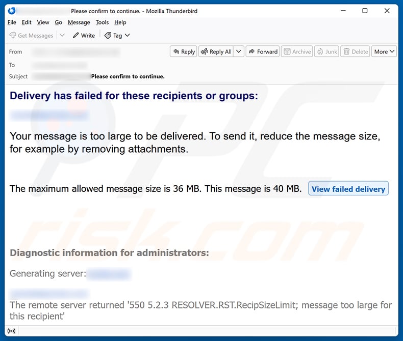 Your Message Is Too Large To Be Delivered email spam campaign