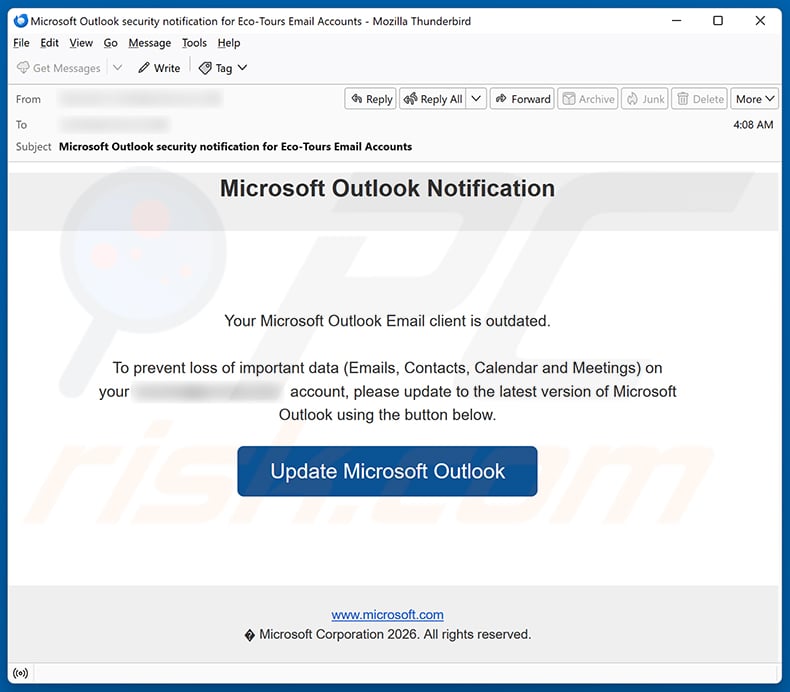 Your Microsoft Outlook Email Client Is Outdated email spam campaign