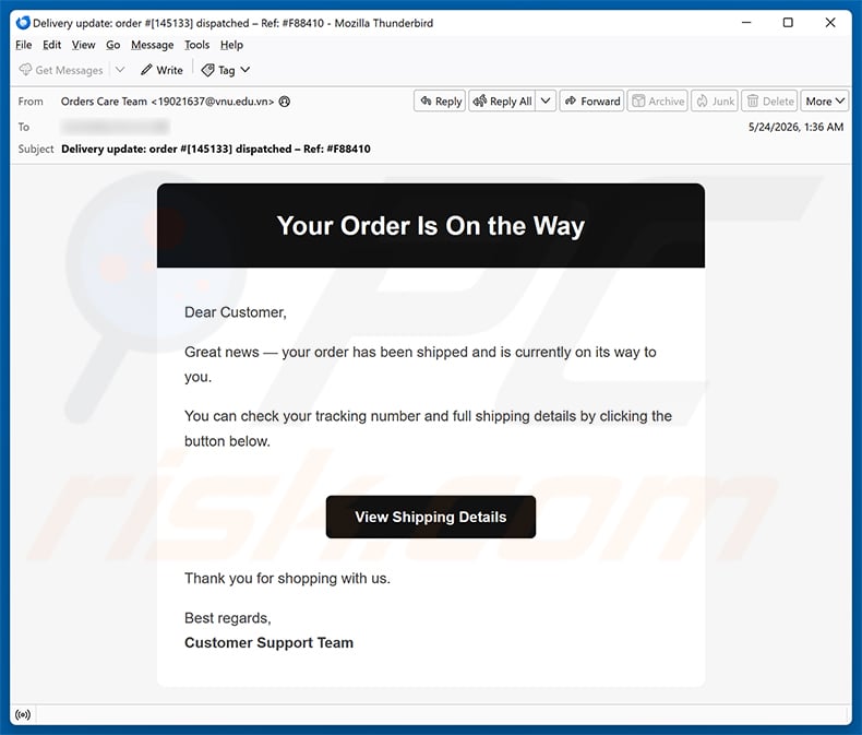 Your Order Is On The Way email spam campaign