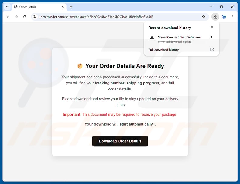 Malicious website promoted through Your Order Is On The Way spam campaign
