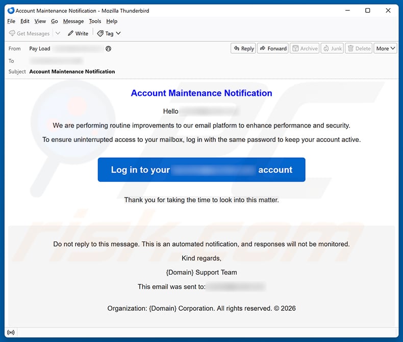 Account Maintenance Notification email spam campaign