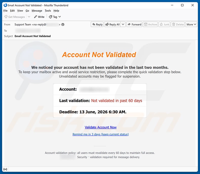 Account Not Validated email spam campaign