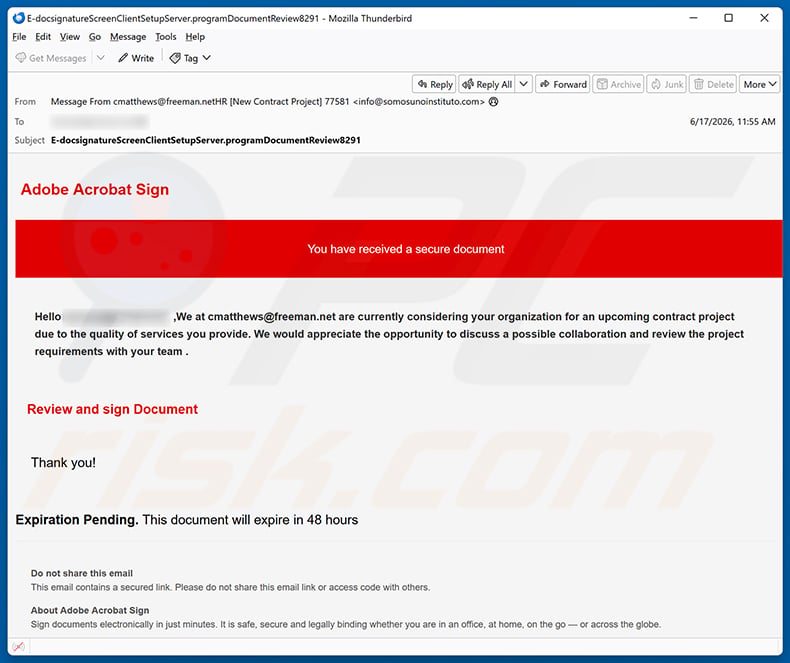 Adobe Acrobat - Secure Document Email Virus email spam campaign