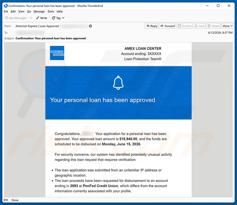 American Express - Personal Loan Approved email spam campaign