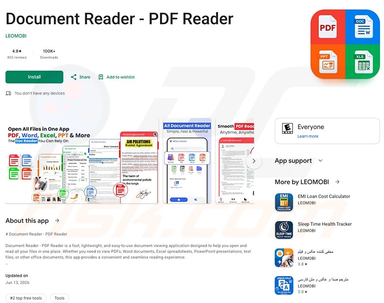 Document Reader - PDF Reader app spreading Anatsa trojan