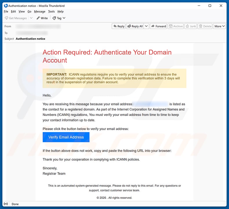 Authenticate Your Domain Account email spam campaign