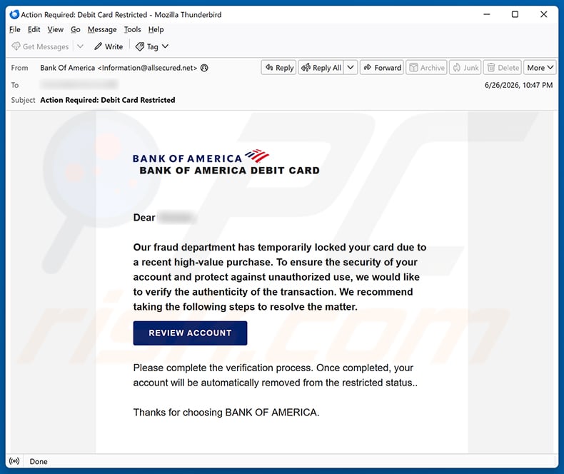Bank Of America Card Locked email spam campaign