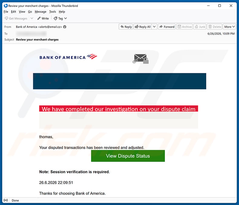 Bank Of America - Dispute Claim email spam campaign