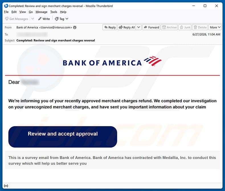 Bank of America - Merchant Charges Refund email spam campaign