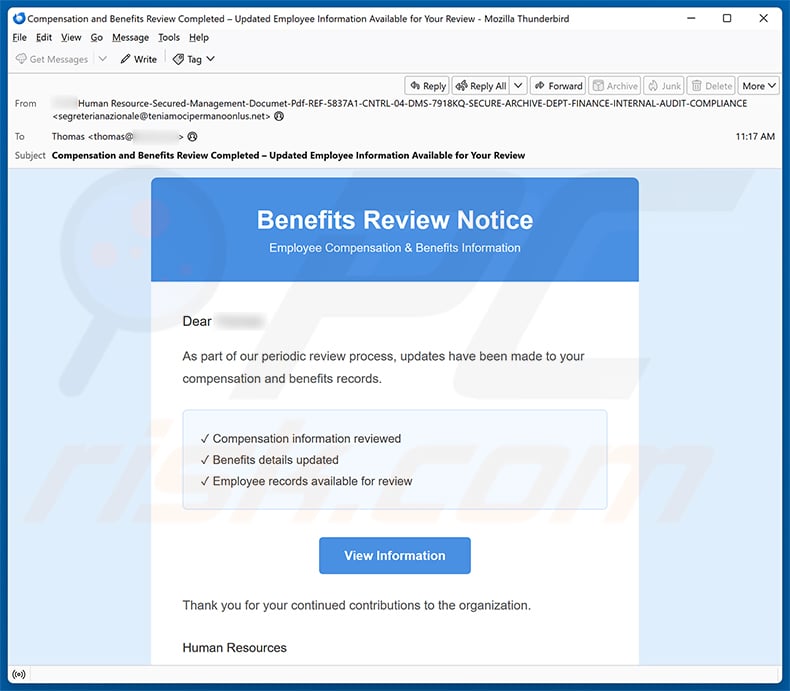 Benefits Review Notice email spam campaign
