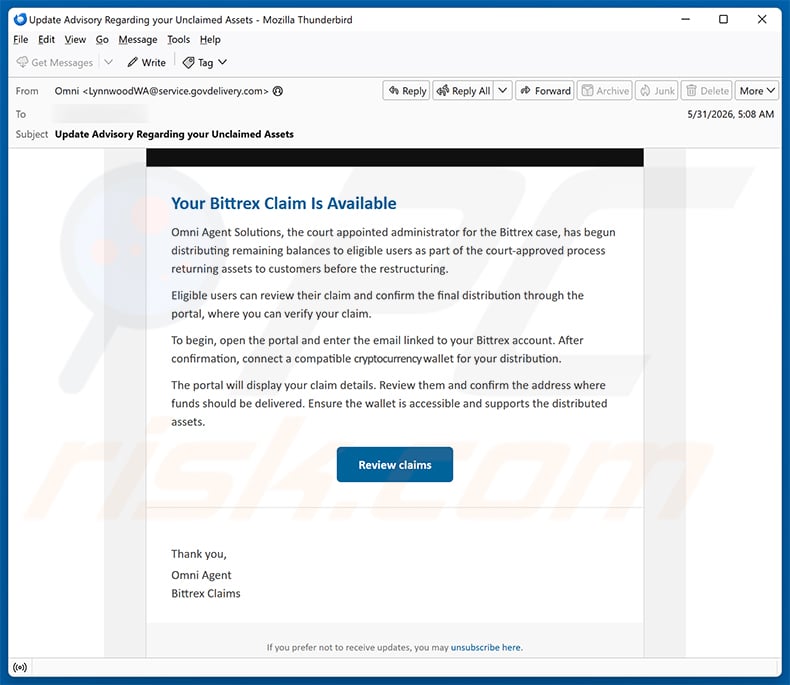 Bittrex Remaining Claim email scam (2026-06-04)