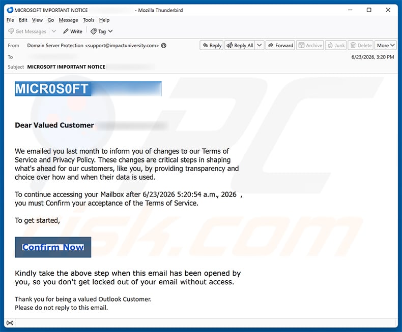 Changes To Terms Of Service And Privacy Policy email scam (2026-06-30)