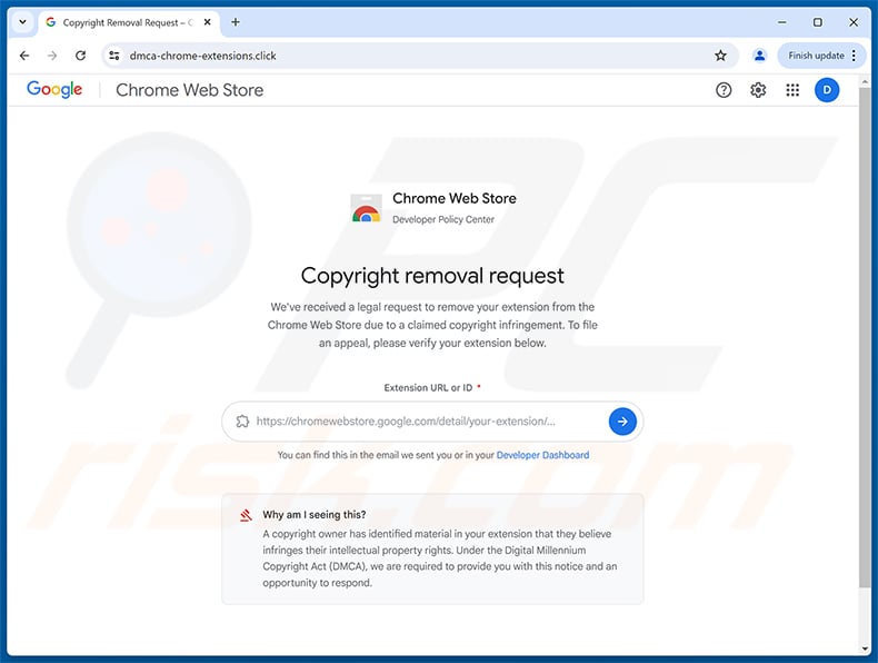 Chrome Web Store Copyright Removal Request scam page at dmca-chrome-extensions[.]click