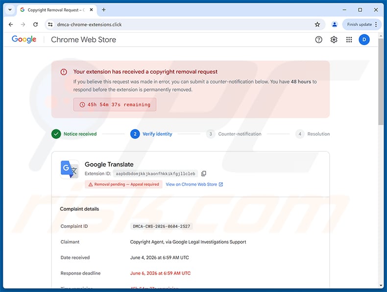 Chrome Web Store Copyright Removal Request scam complaint details page at dmca-chrome-extensions[.]click