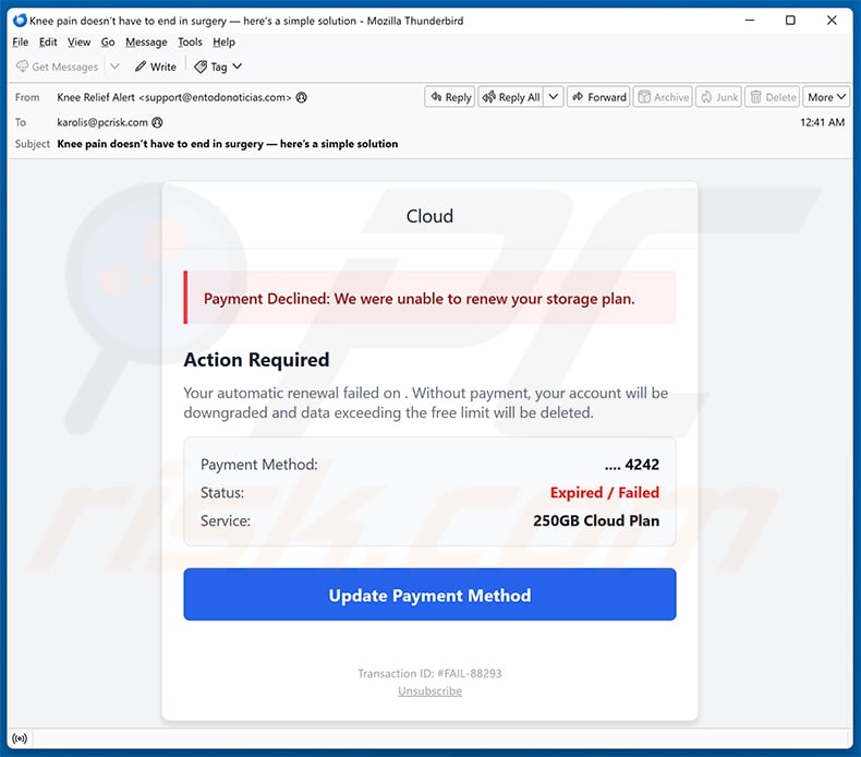 Cloud Storage Renewal Failed email scam (2026-06-05)