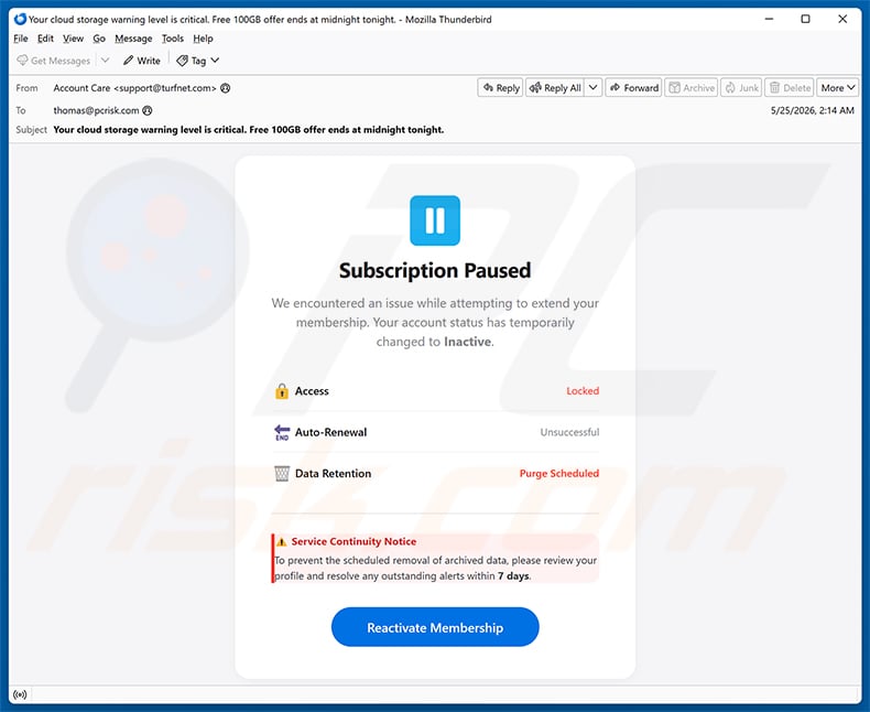 Cloud Subscription Paused email spam campaign