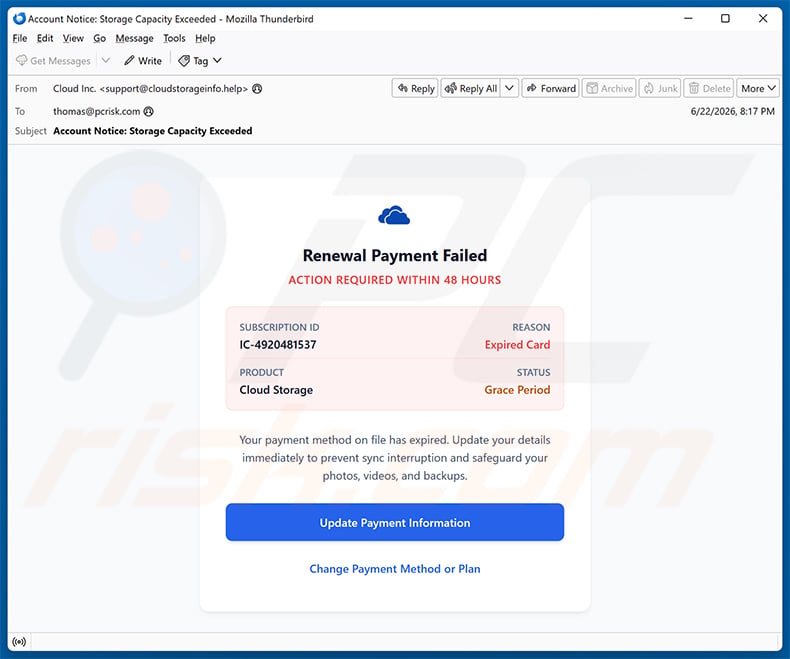 Cloud - Your Payment Method Has Expired Email Scam (2026-06-23)