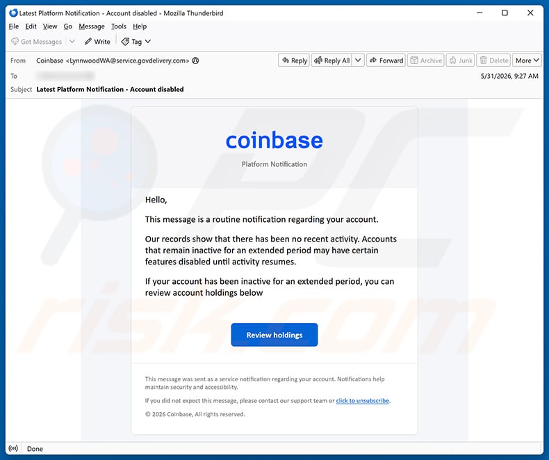 Coinbase - Disablement Of Inactive Accounts Email Scam email spam campaign