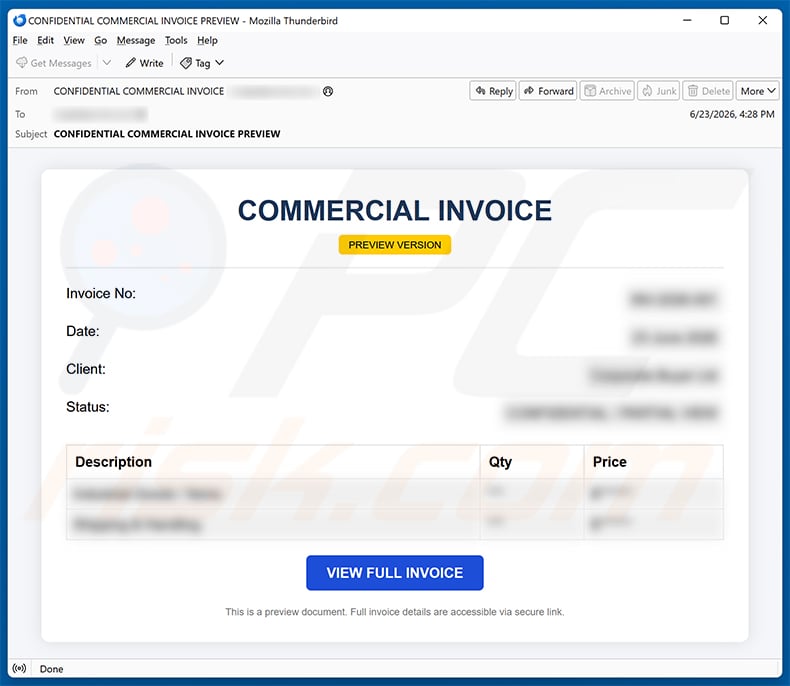 Commercial Invoice email scam (2026-06-30)