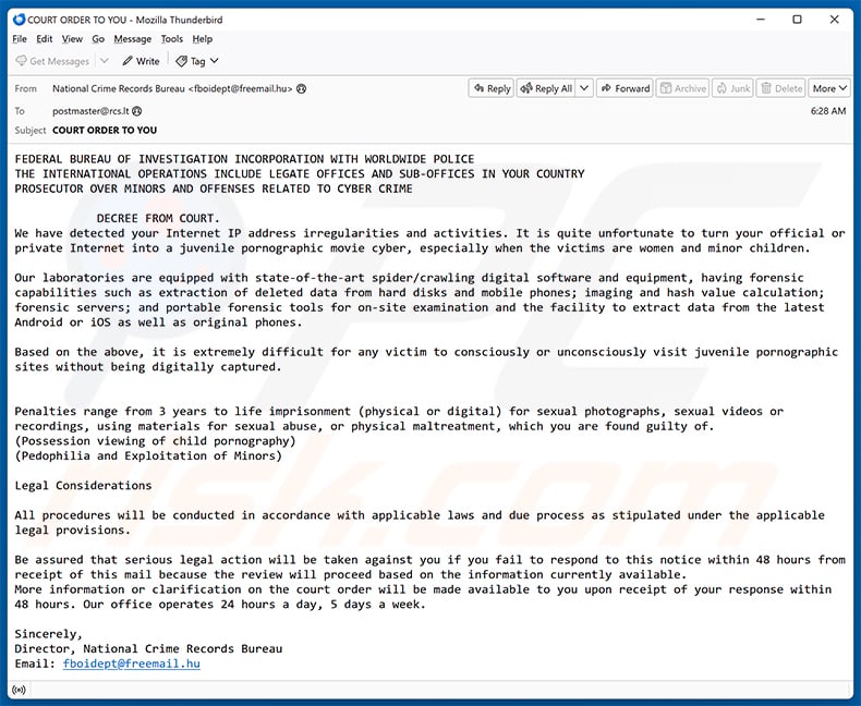 Court Order Against Your Internet Traffic email scam (2026-06-09)