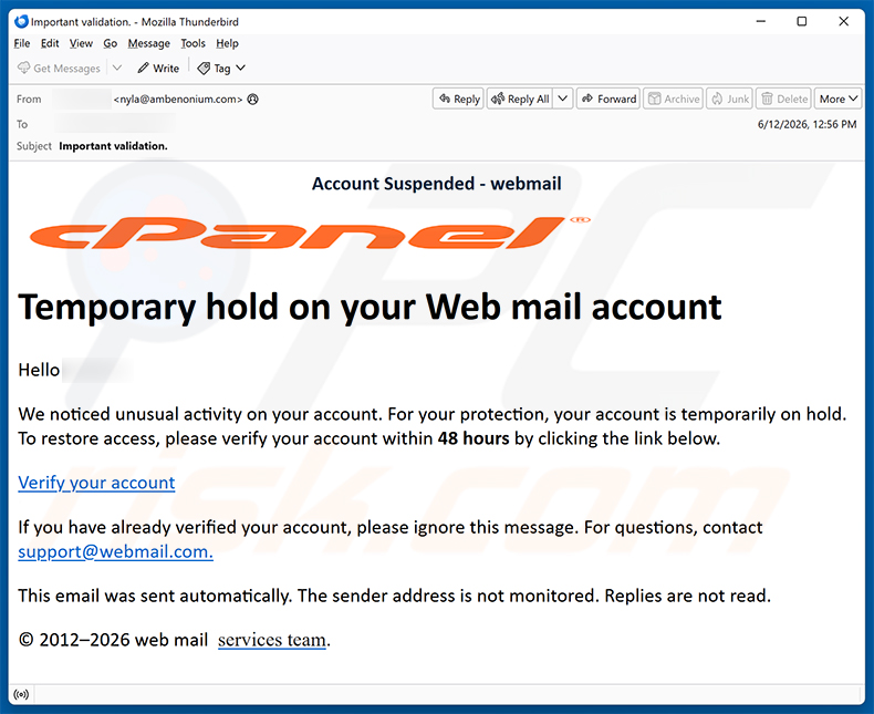 cPanel Account Suspension email scam (2026-06-17)