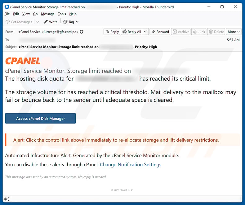 cPanel Email Quota Limit email scam (variant 2)