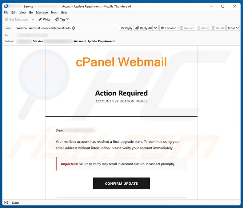 cPanel Final Account Upgrade State email spam campaign