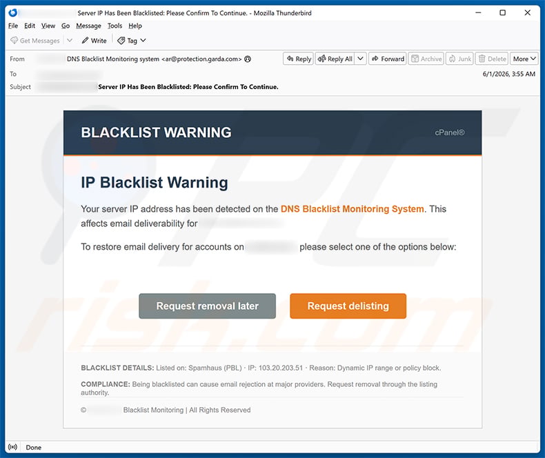 cPanel - IP Blacklist Warning Email Scam email spam campaign
