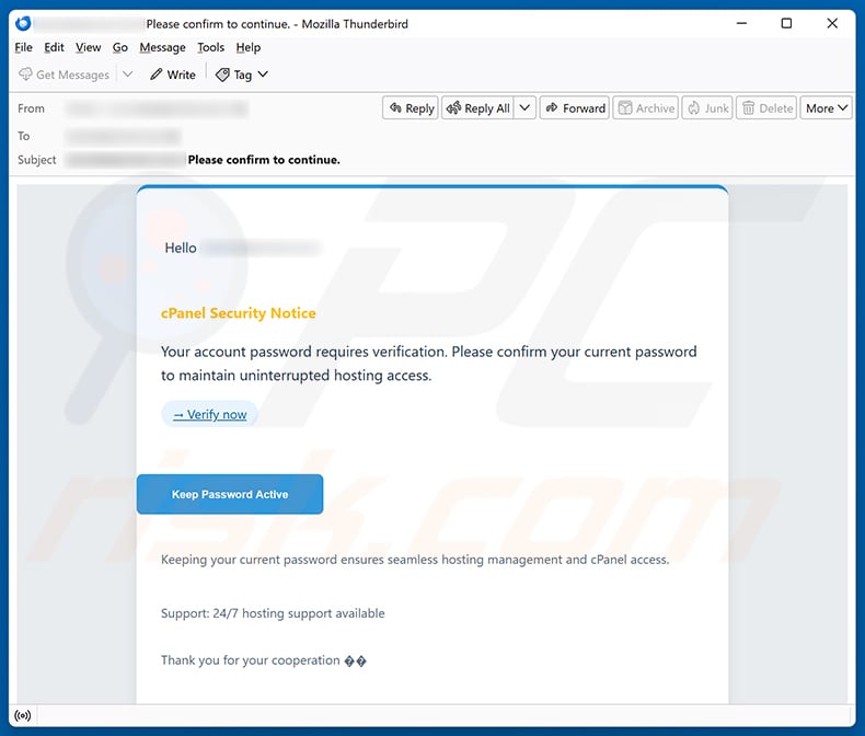 cPanel Password Verification Email Scam email spam campaign
