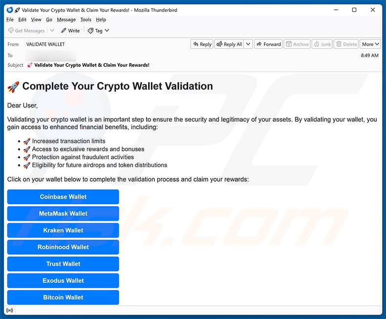 Crypto Wallet Validation email spam campaign