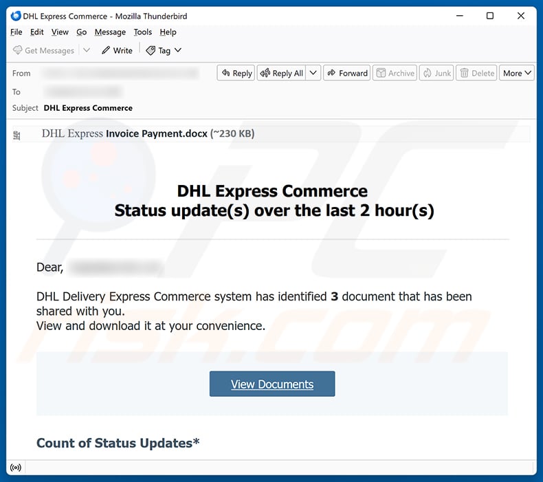 DHL Express Commerce Status Update Email Scam email spam campaign