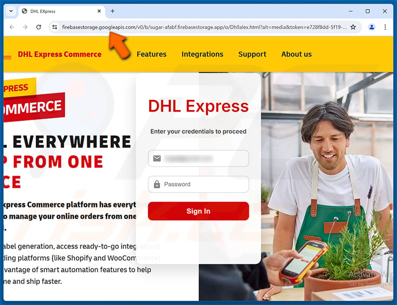 DHL Express Commerce Status Update phishing page
