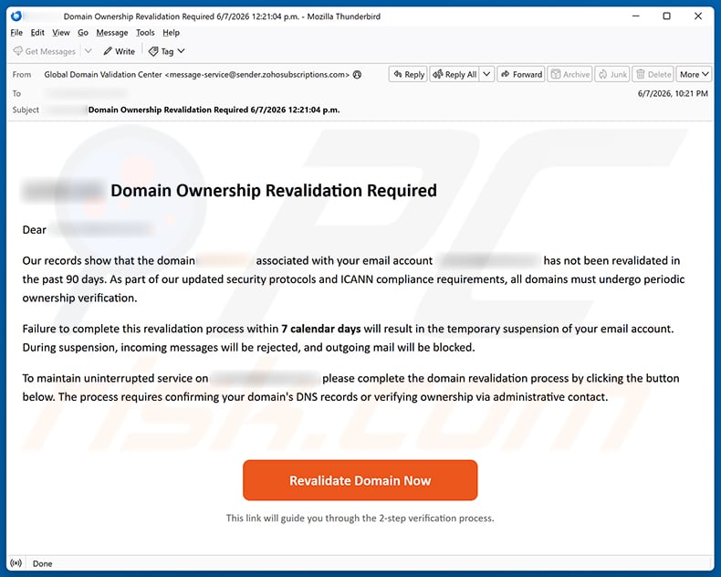 Domain Ownership Revalidation Required email spam campaign