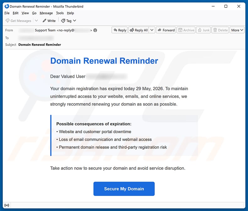 Domain Renewal Reminder email spam campaign