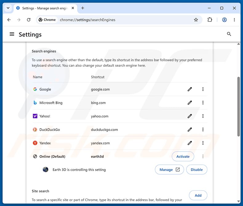 Removing earth3d.net from Google Chrome default search engine