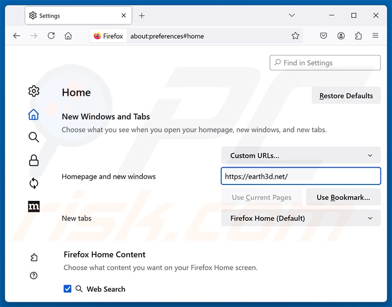 Removing earth3d.net from Mozilla Firefox homepage