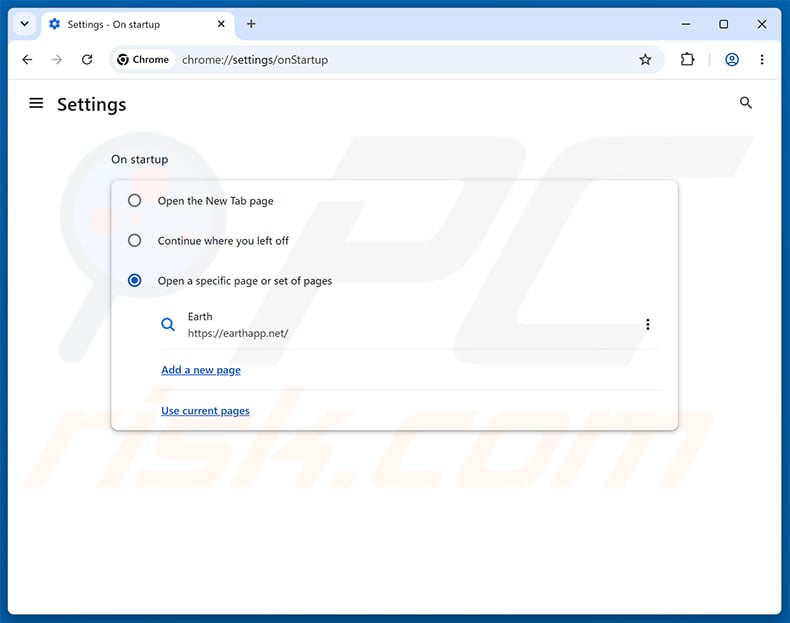 Removing earthapp.net from Google Chrome homepage