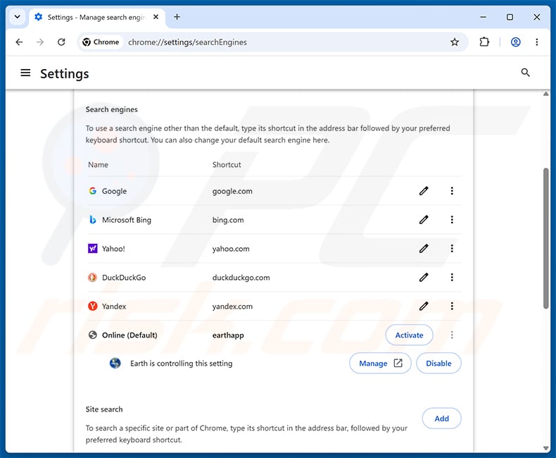 Removing earthapp.net from Google Chrome default search engine