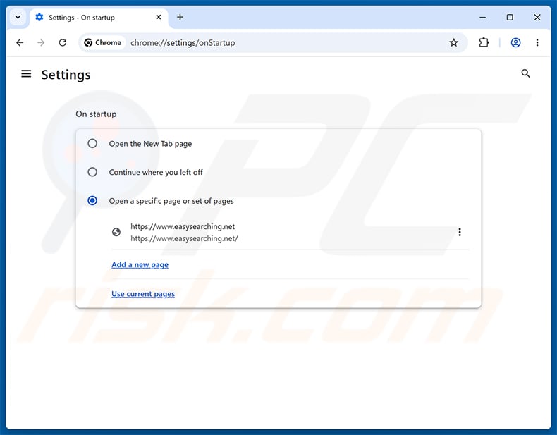 Removing easysearching.net from Google Chrome homepage