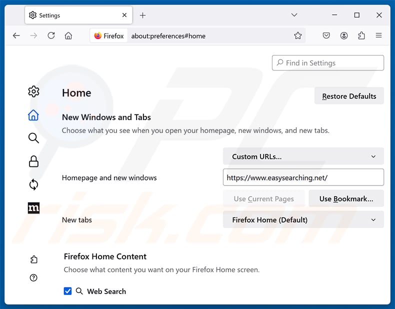 Removing easysearching.net from Mozilla Firefox homepage