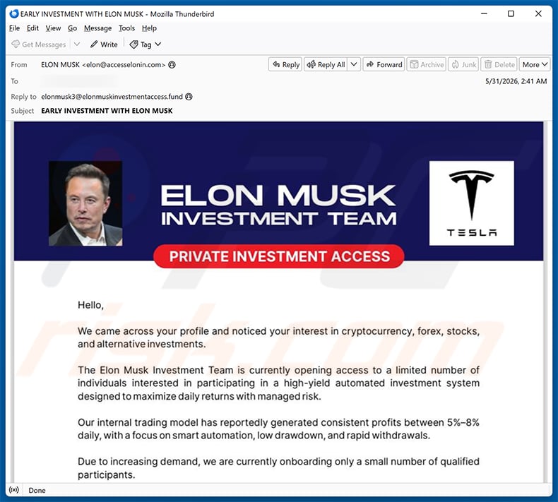 Elon Musk Investment Team email spam campaign
