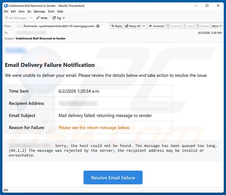 Email Delivery Failure Notification email spam campaign