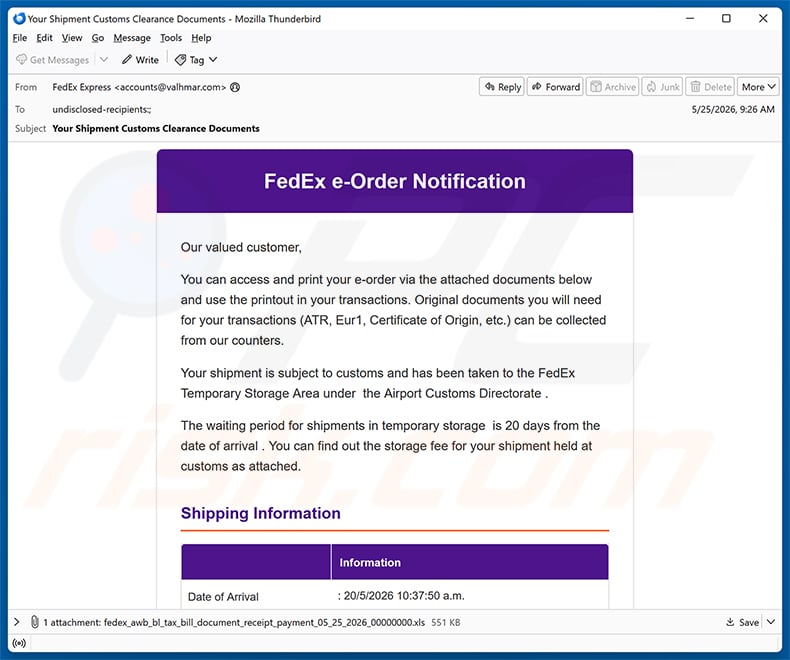 FedEx e-Order Notification email spam campaign