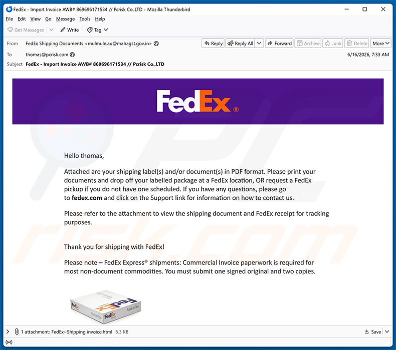 FedEx Shipping Labels/Documents In PDF Format Email Scam email spam campaign