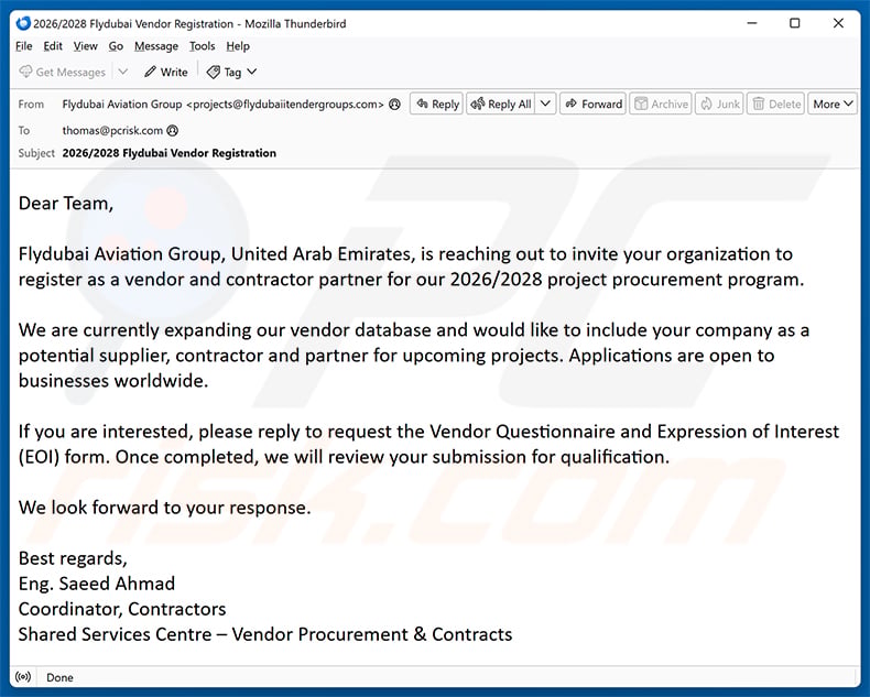 Flydubai Vendor Registration email spam campaign