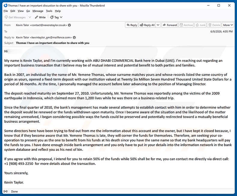 Foreign Beneficiary email scam (2026-06-12)