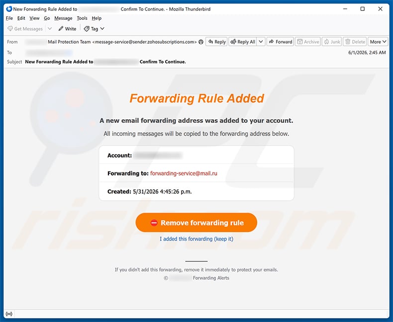 Forwarding Rule Added email spam campaign