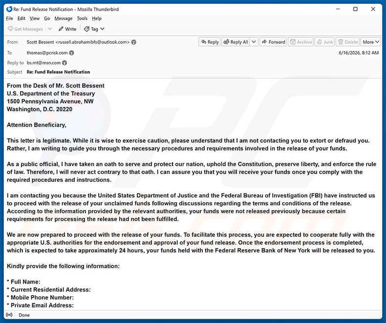 Fund Release email scam (sample 10)