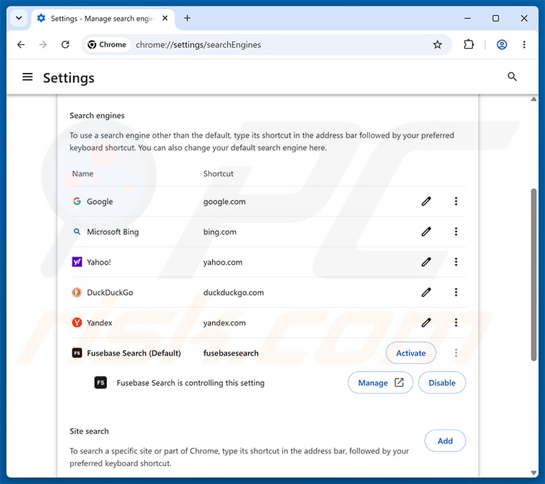 Removing Fusebase Search (s.fusebase-search.com) from Google Chrome default search engine